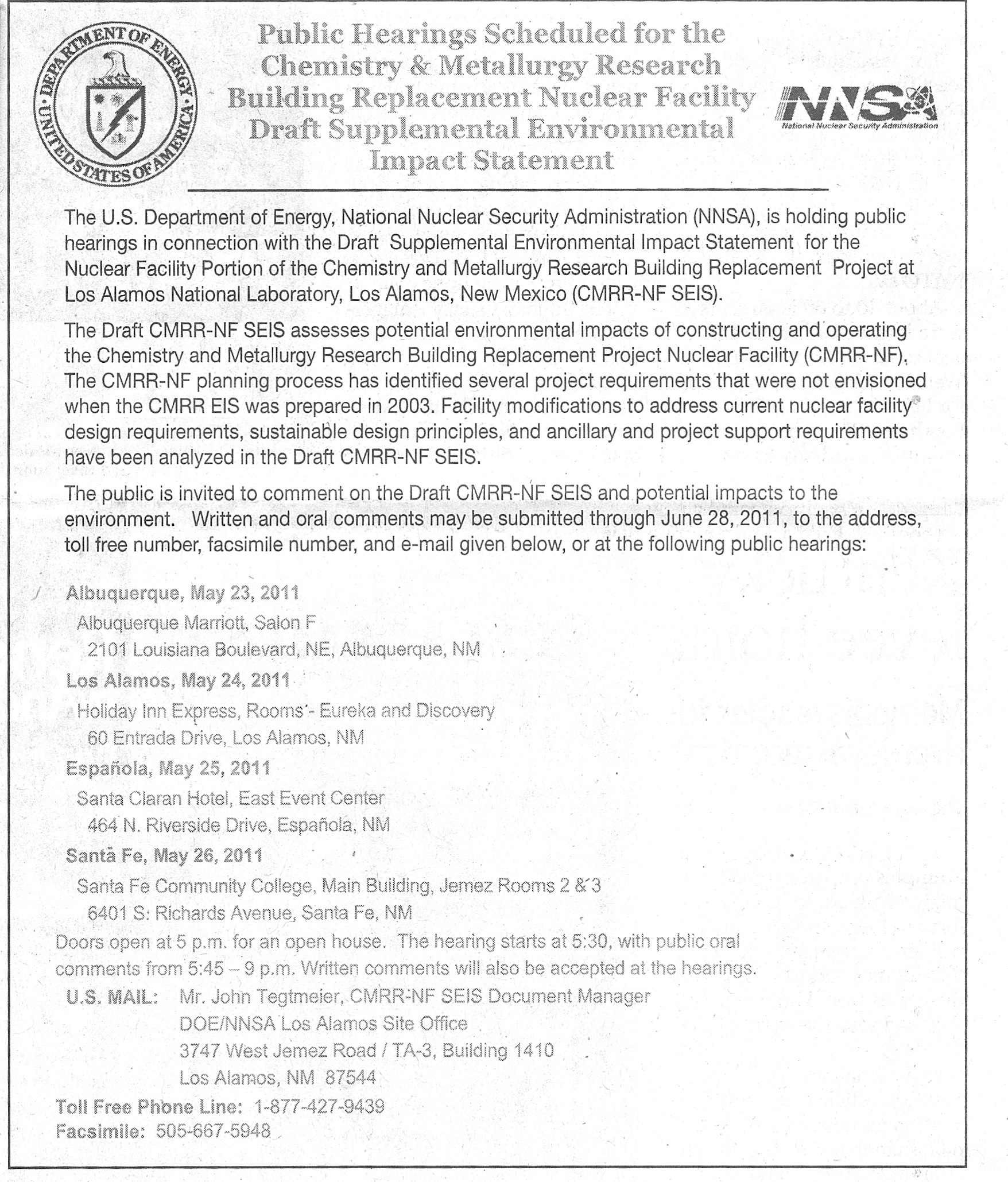 Upcoming LANL-NNSA Meetings Supplemental Environmental Impact Statement Meetings